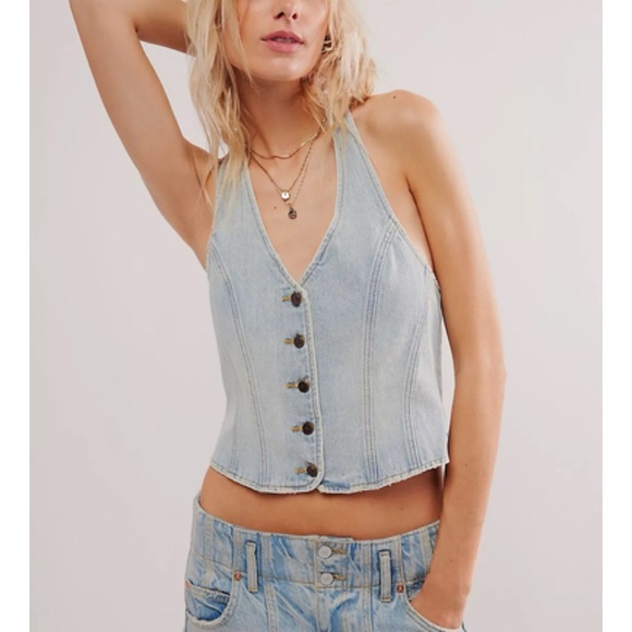 New Free People One Teaspoon Denim Halter Top Vest Jean Light Blue Medium - Picture 1 of 13